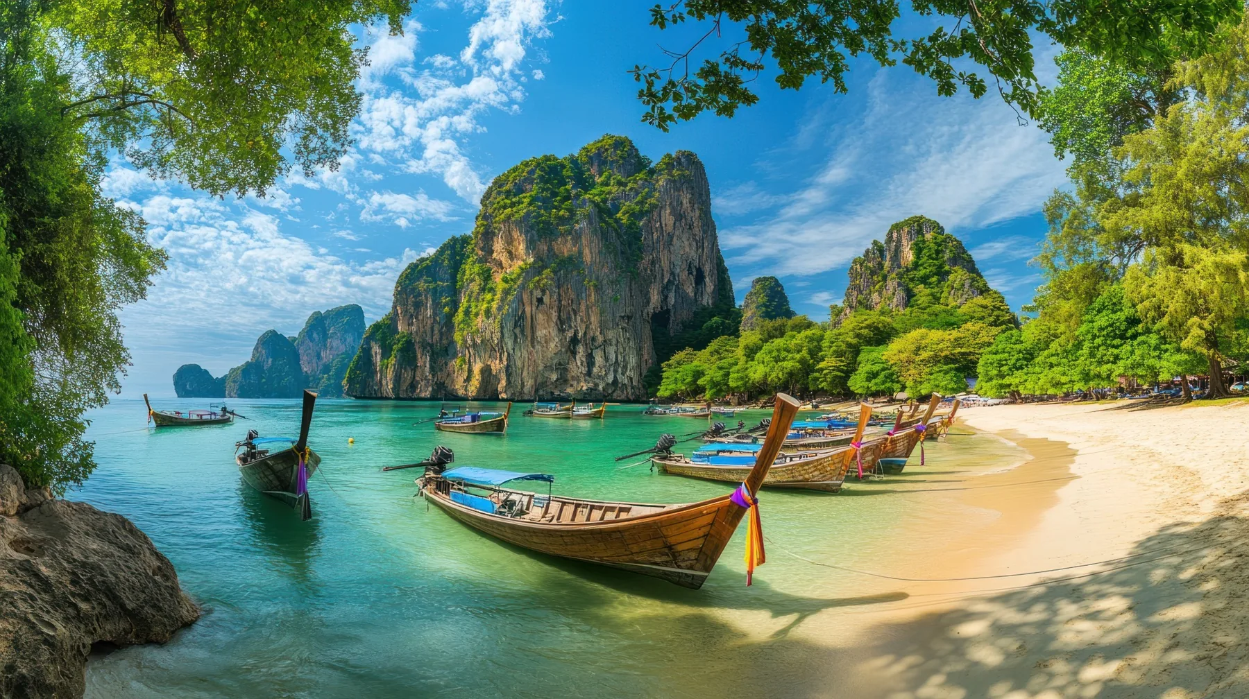Tropisk strand och longtailbåtar i Thailand